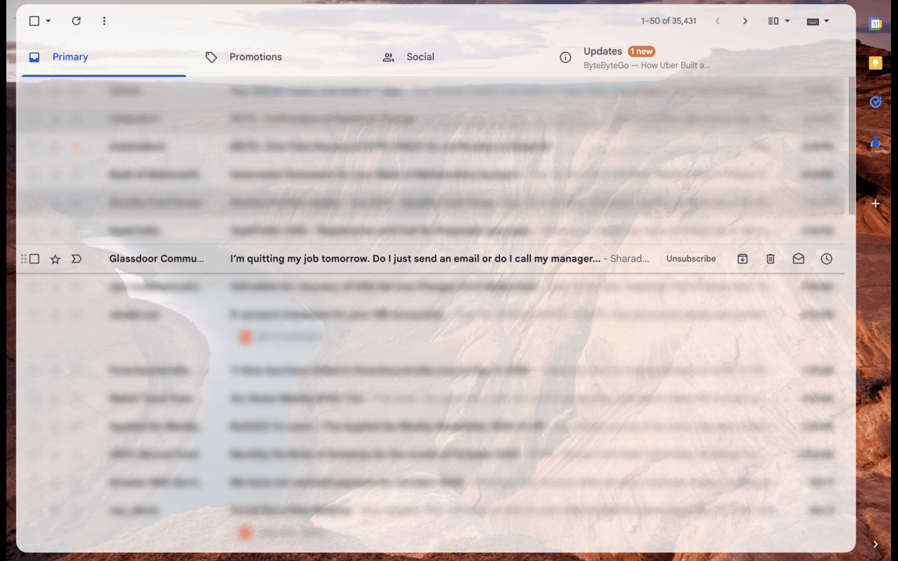 A Gmail inbox with most message rows blurred, leaving the subject and sender illegible until hovered